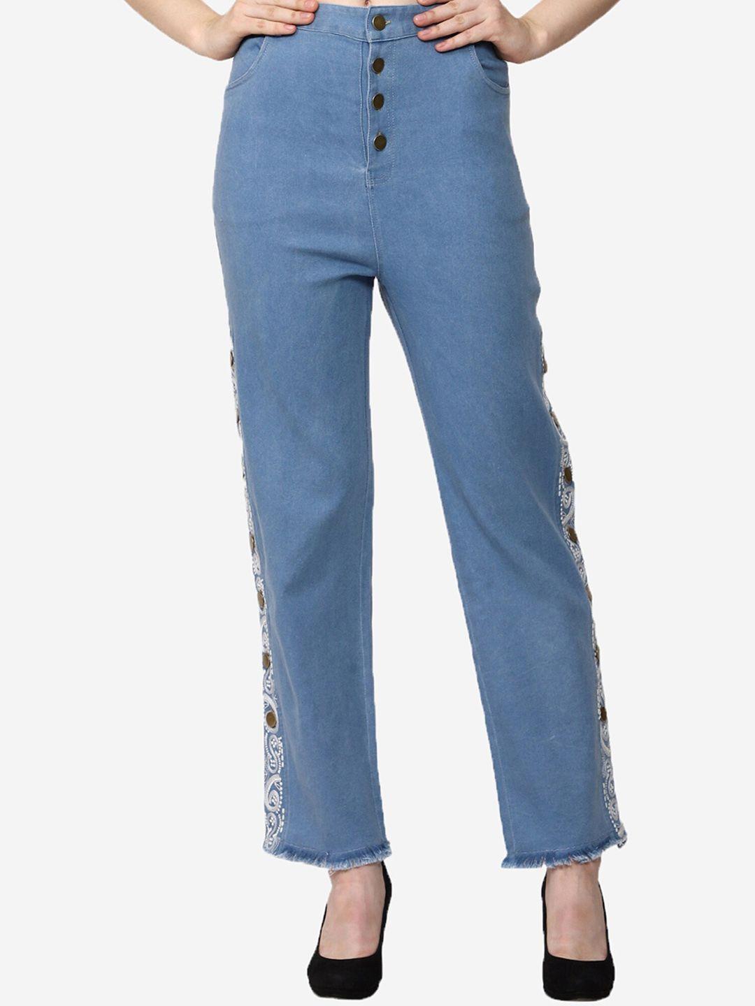 sumavi-fashion women floral embroidered mid-rise denim trousers