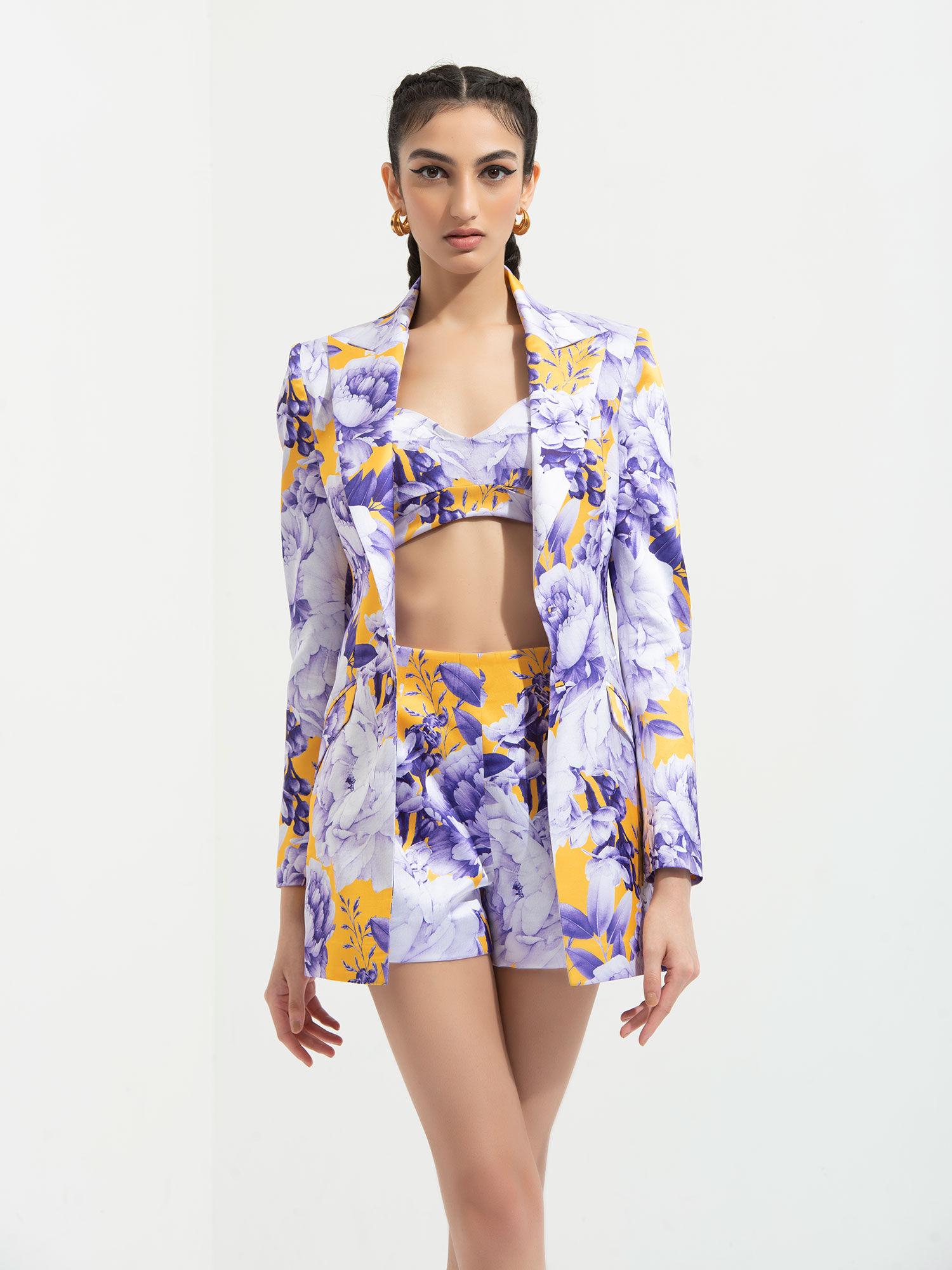 sumire printed jacket paired with bustier and shorts purple (set of 3)