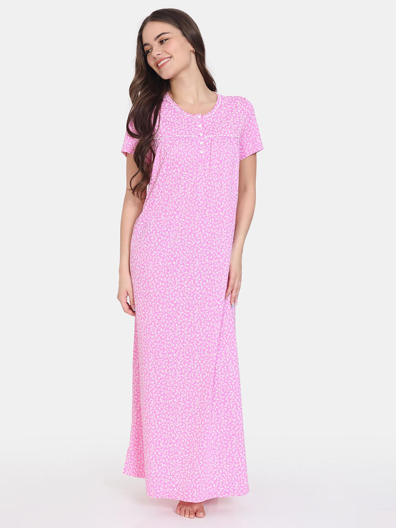 summer thyme knit cotton full length nightdress - begonia pink