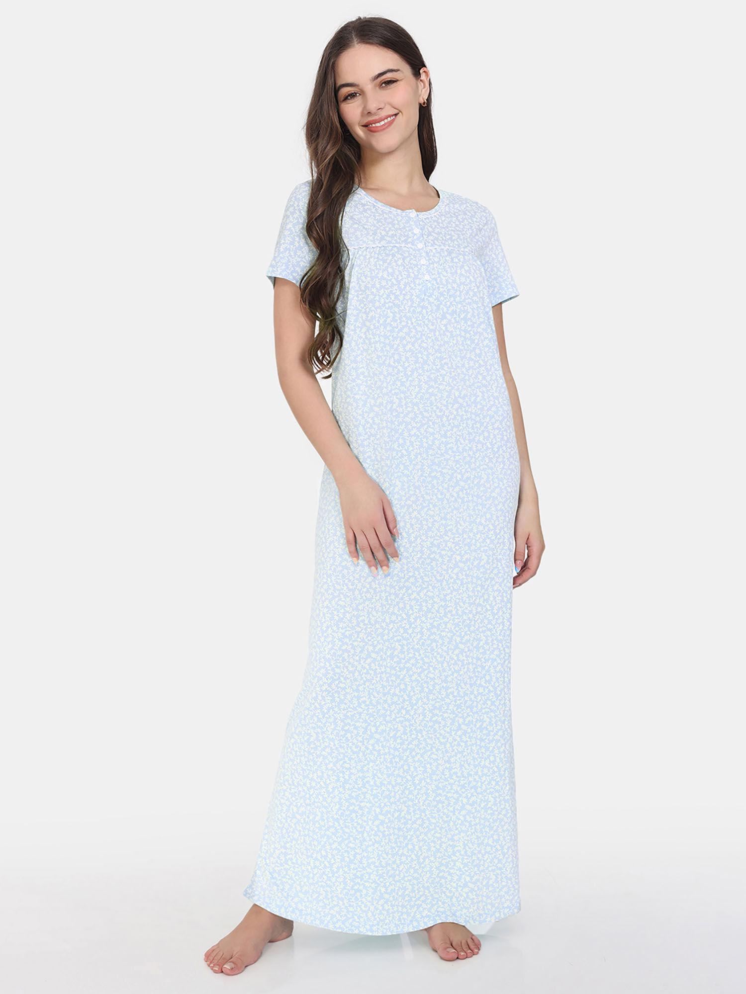 summer thyme knit cotton full length nightdress - starlight blue