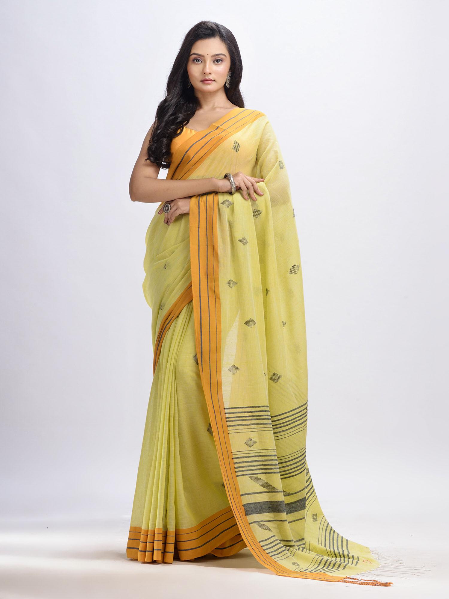 summer yellow with simply elegant border hand woven jamdani saree with unstitched blouse