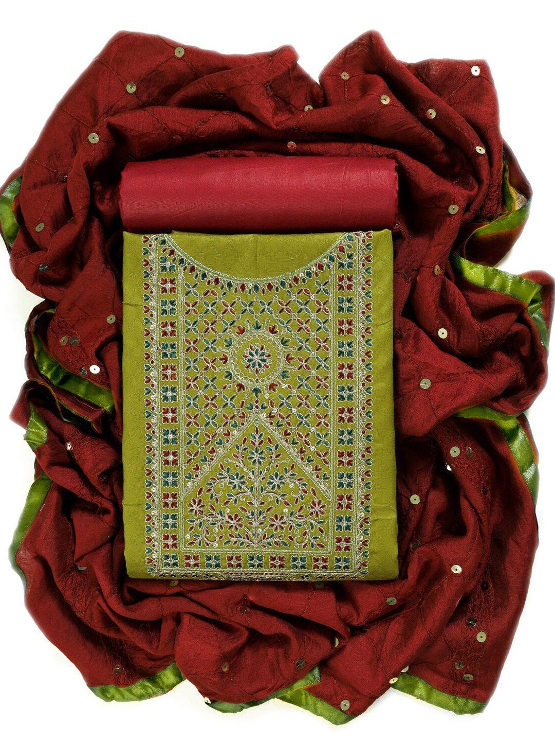 sun fashion and lifestyle lime green & red embroidered unstitched dress material