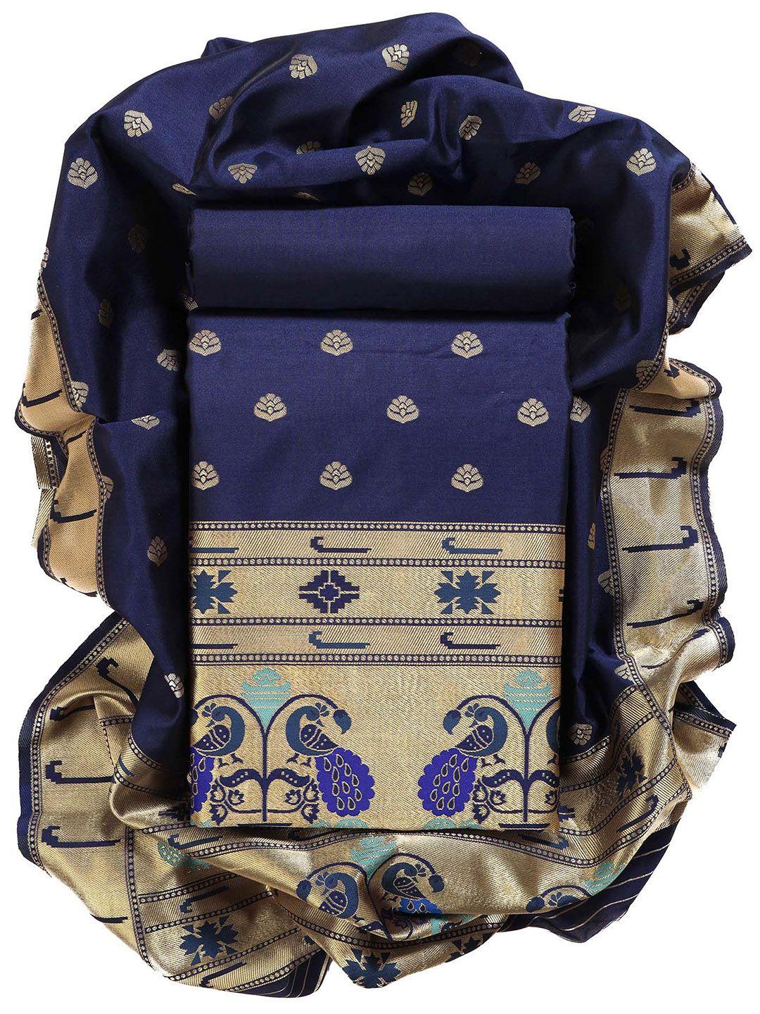 sun fashion and lifestyle blue & gold-toned printed pure silk unstitched dress material