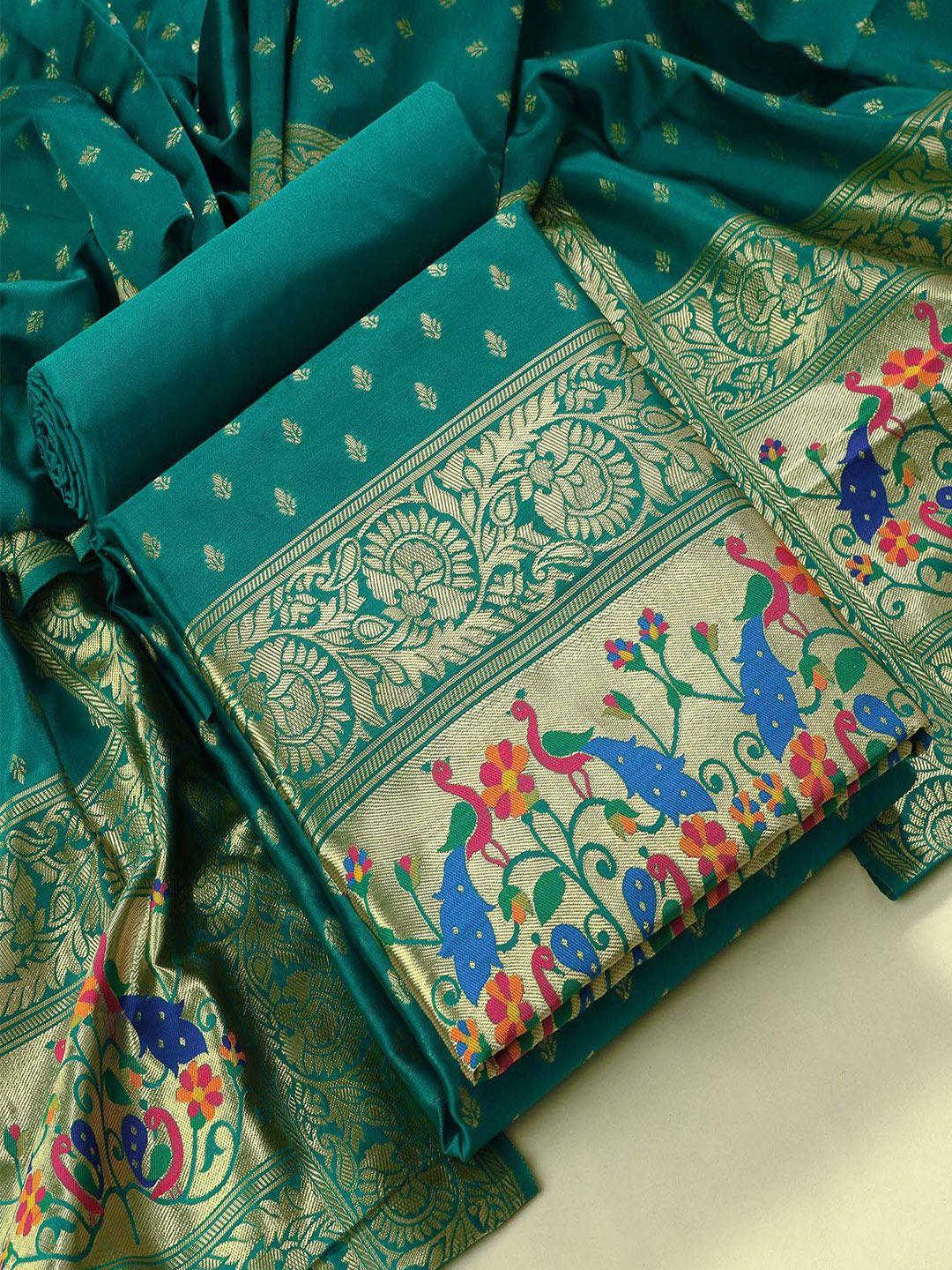 sun fashion and lifestyle sea green & blue printed pure silk unstitched dress material