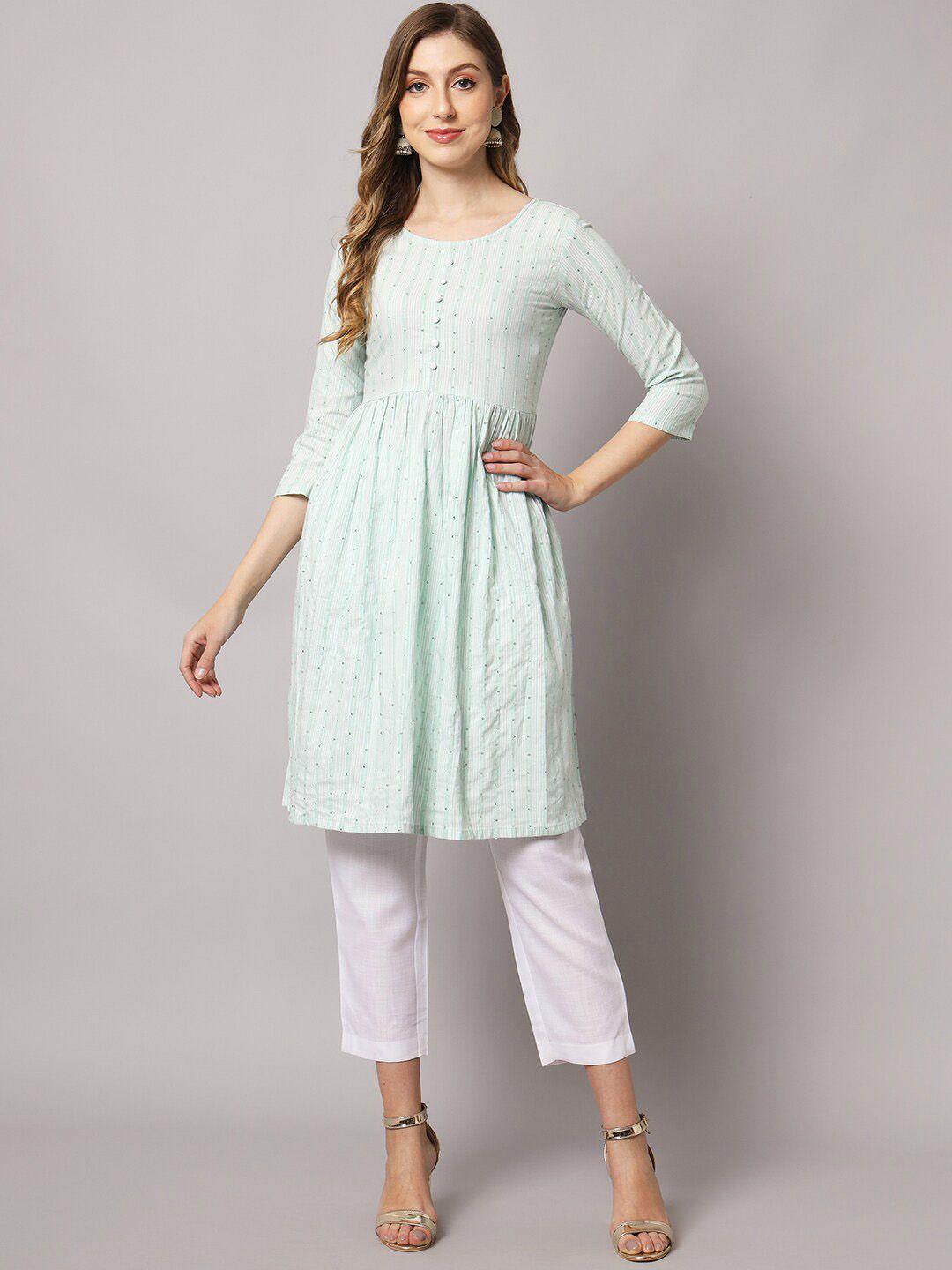 sun fashion and lifestyle women green striped regular sequinned kurta with trousers