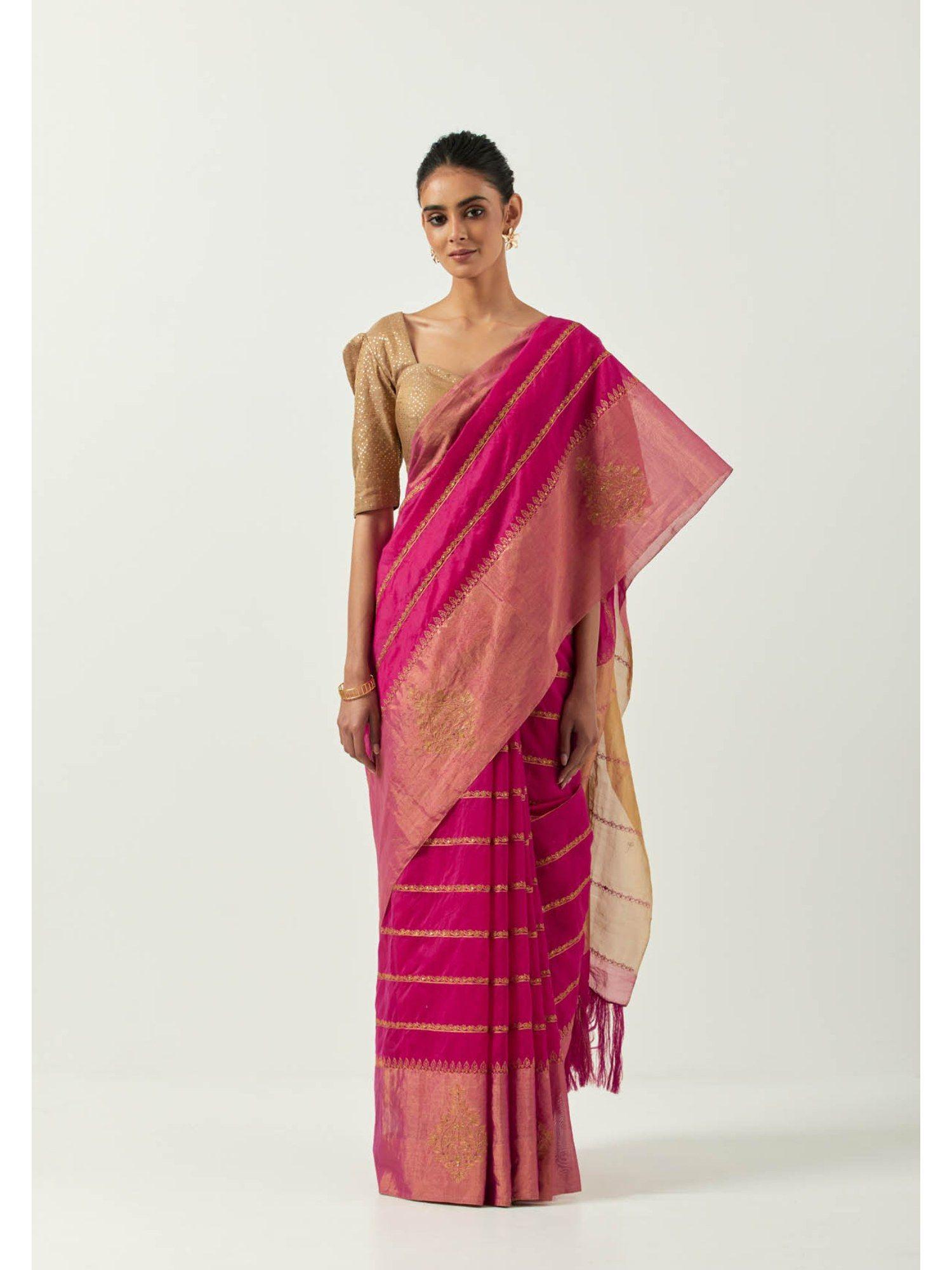 sunahri dhaari saree with foil print with stitched blouse