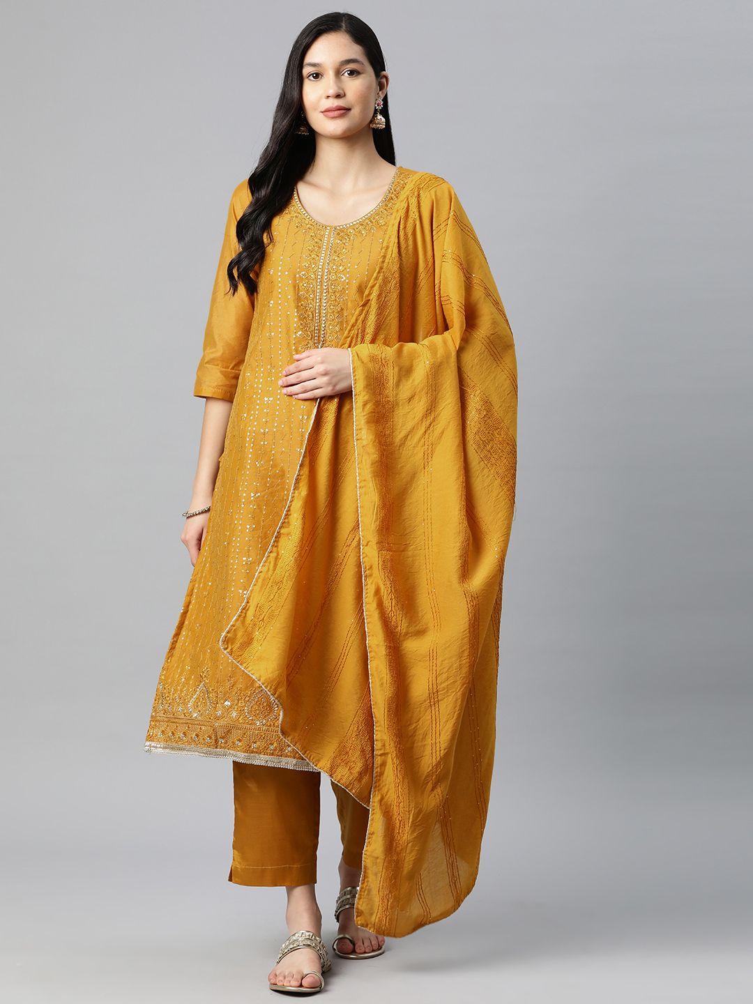 sunehri ethnic motifs embroidered regular sequinned kurta with palazzos & dupatta