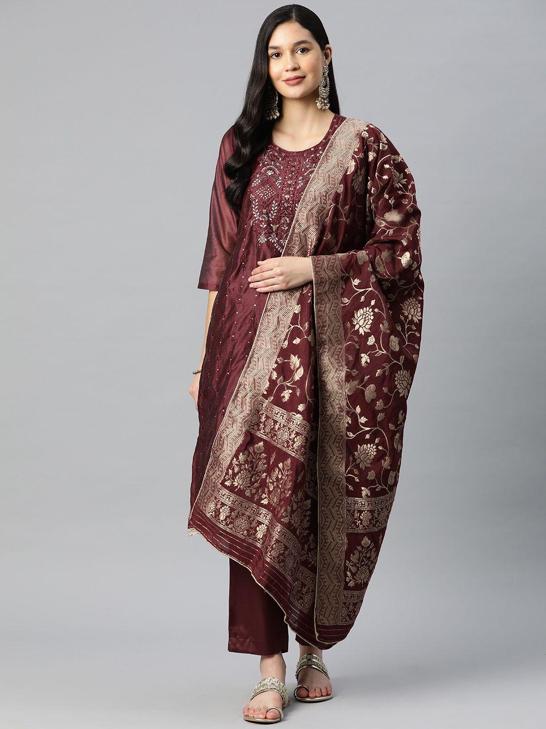 sunehri ethnic motifs embroidered regular sequinned kurta with trousers & dupatta