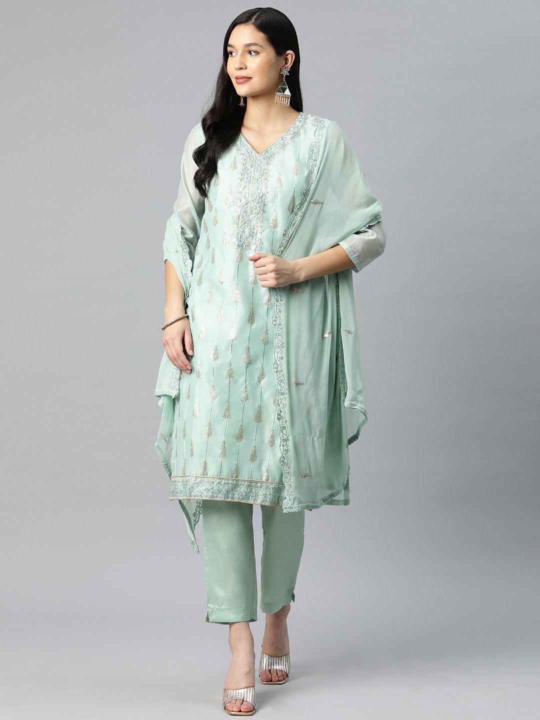 sunehri ethnic motifs embroidered regular sequinned kurta with trousers & dupatta