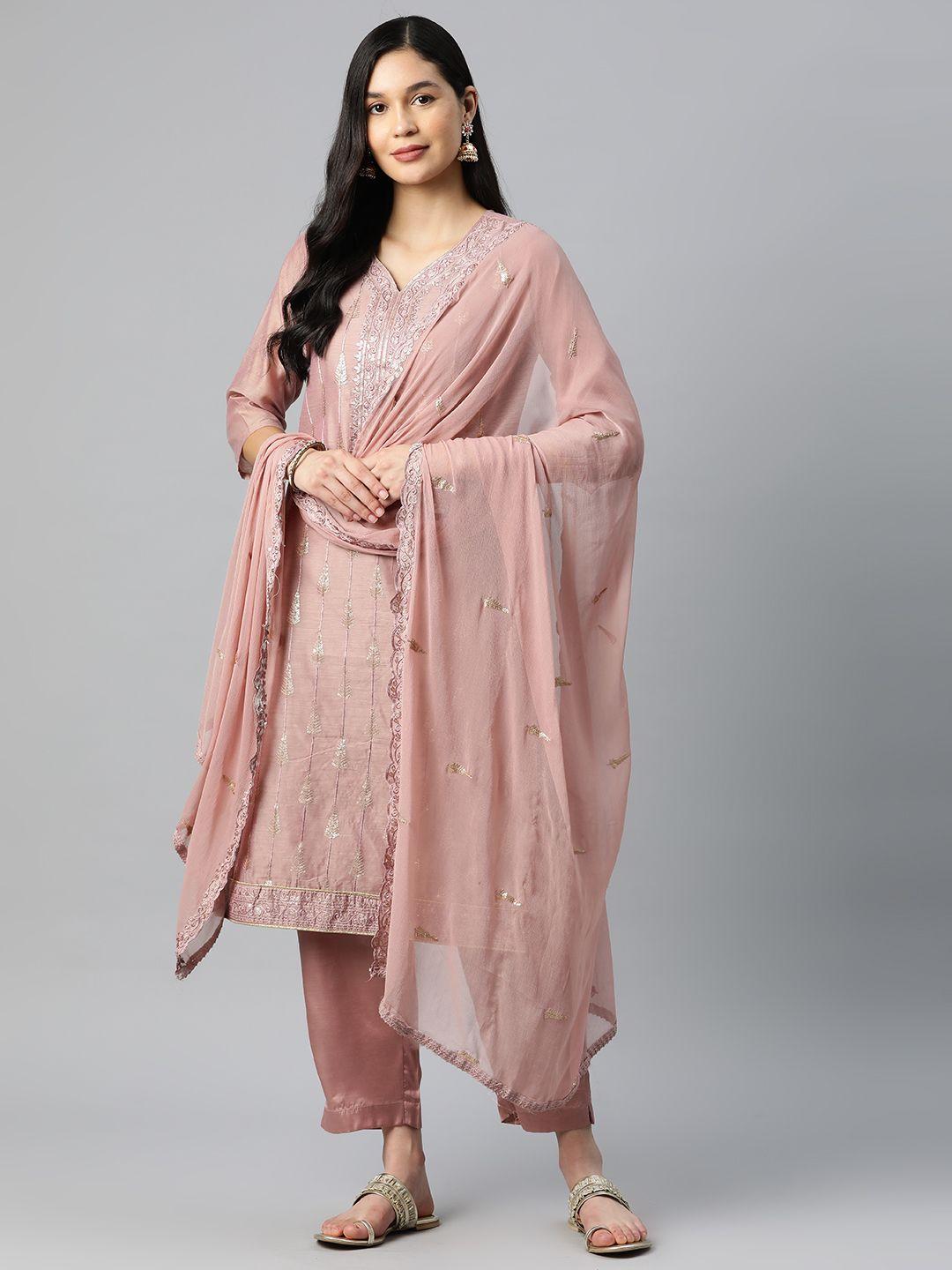 sunehri ethnic motifs embroidered sequinned kurta with trousers & dupatta
