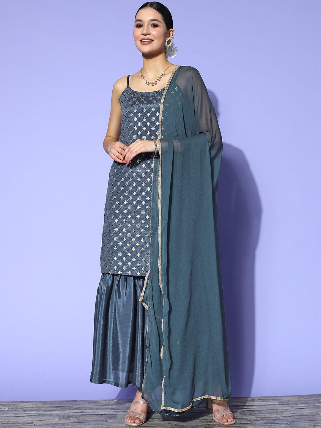 sunehri floral embroidered sequined kurta with sharara & dupatta
