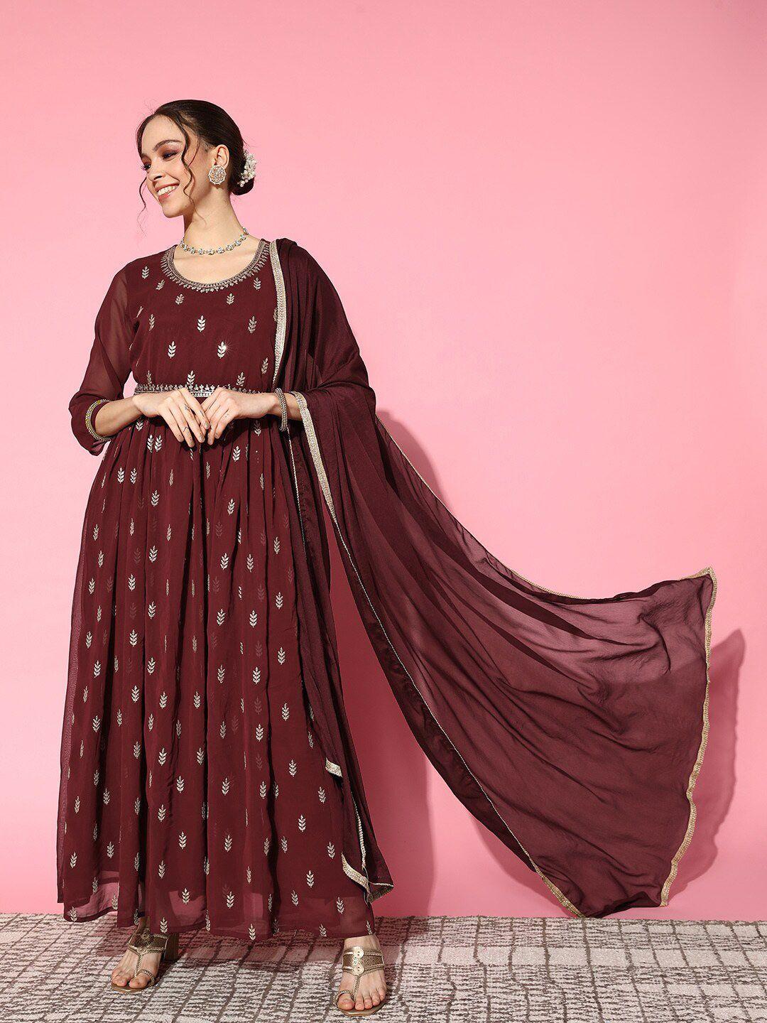 sunehri georgette maxi ethnic dress with dupatta