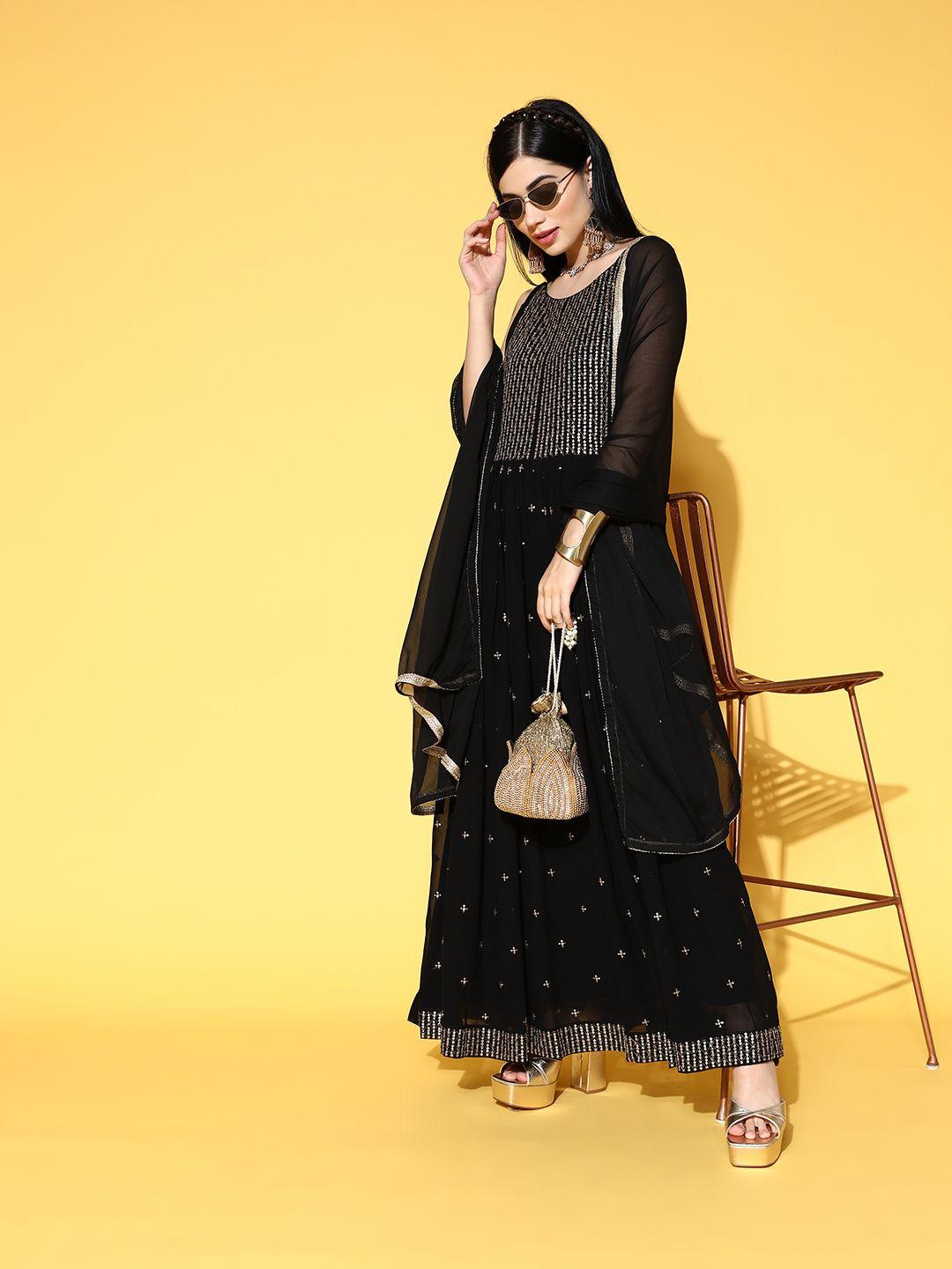 sunehri women  black georgette shimmer & sequin ethnic dress