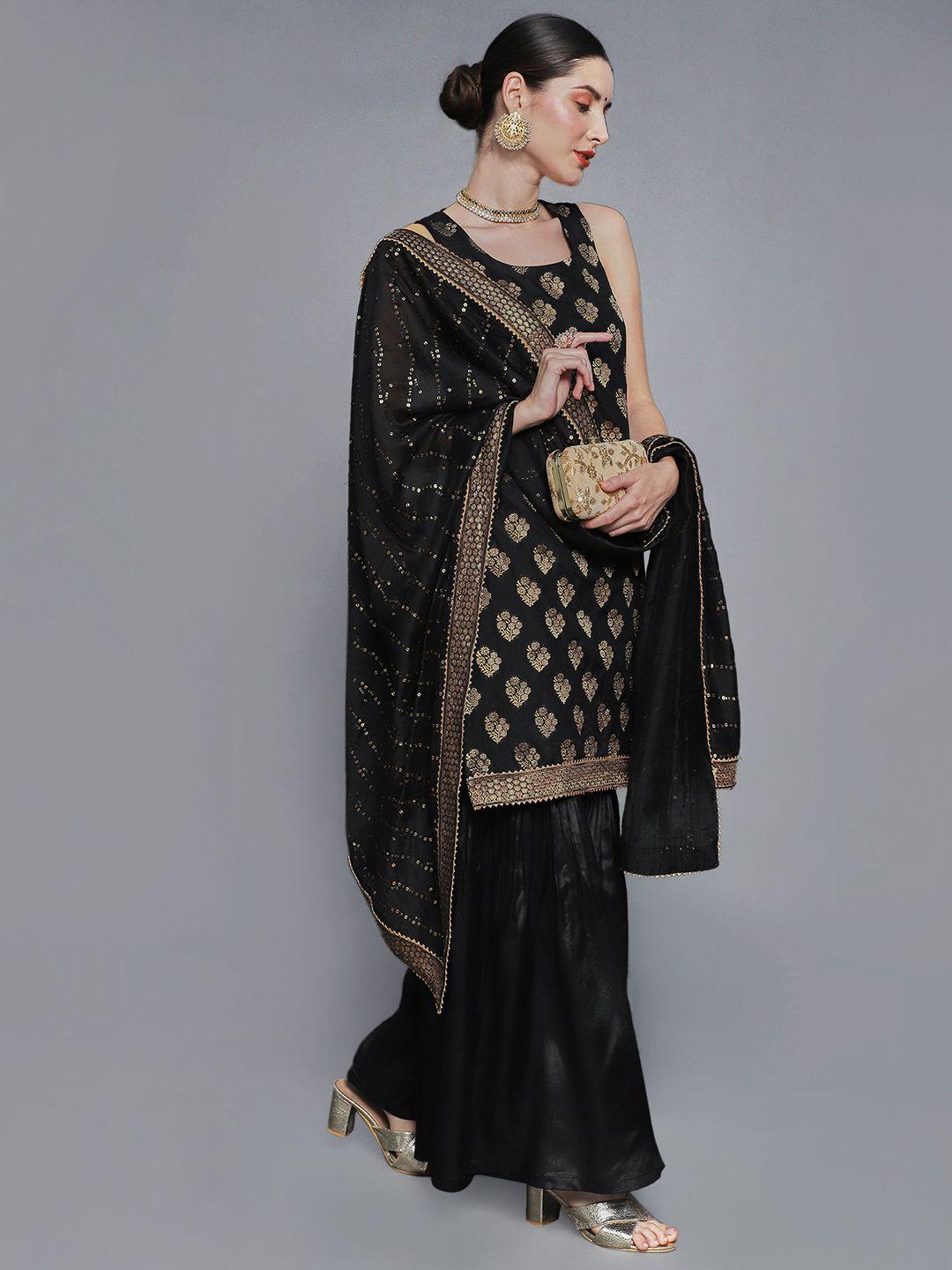 sunehri women black floral kurta with sharara & with dupatta