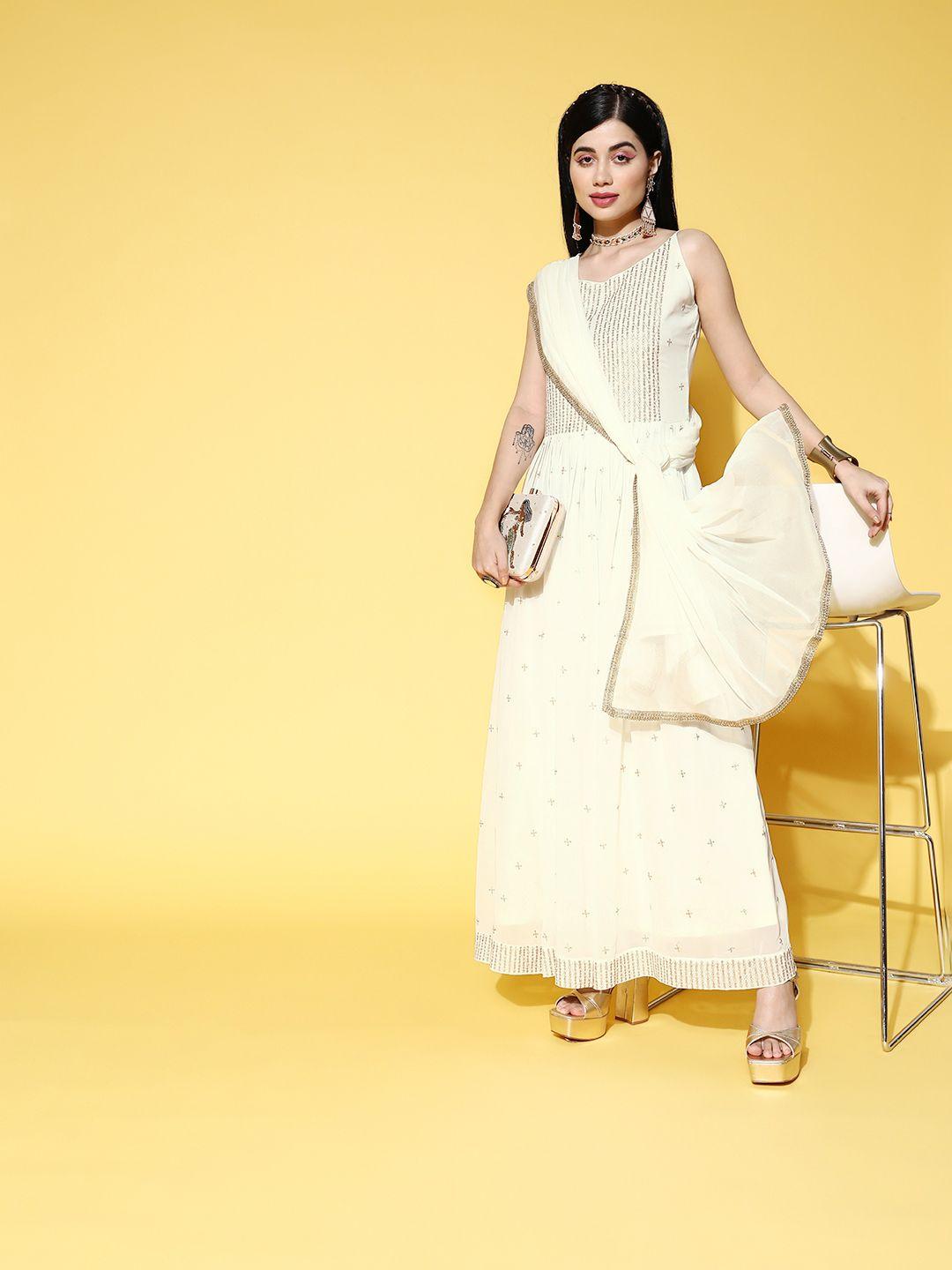 sunehri women bright off-white georgette hyper texture ethnic dress