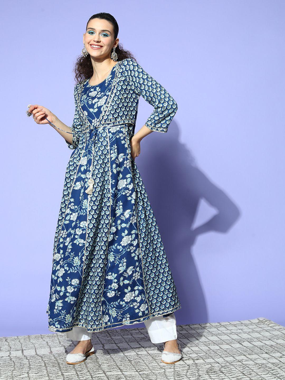 sunehri women deeo blue cotton fluid tie-up kurta