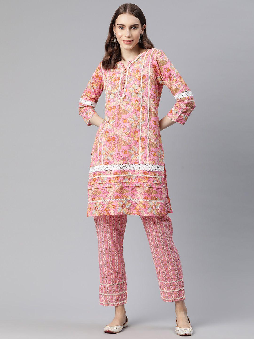 sunehri women floral printed regular pure cotton kurta with trousers