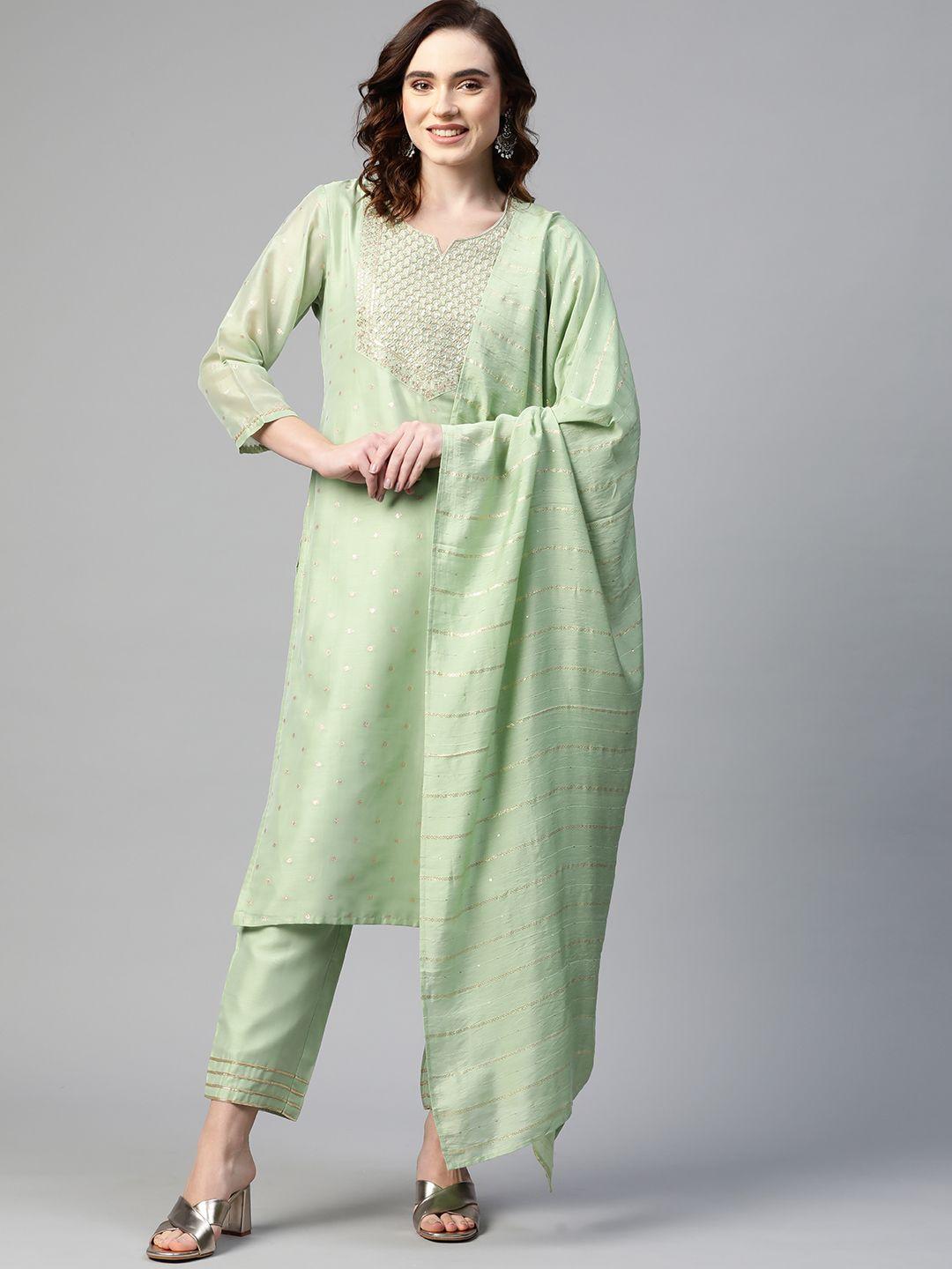 sunehri women green embroidered sequinned chanderi silk kurta with trousers & dupatta