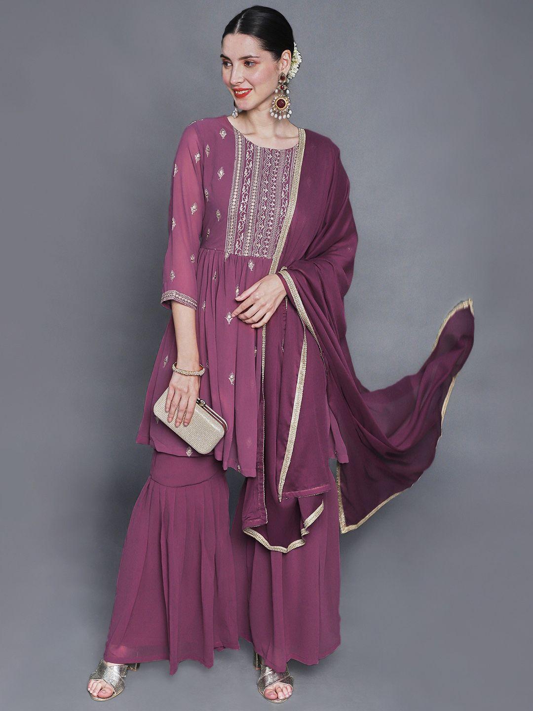 sunehri women mauve floral embroidered kurta with sharara & with dupatta