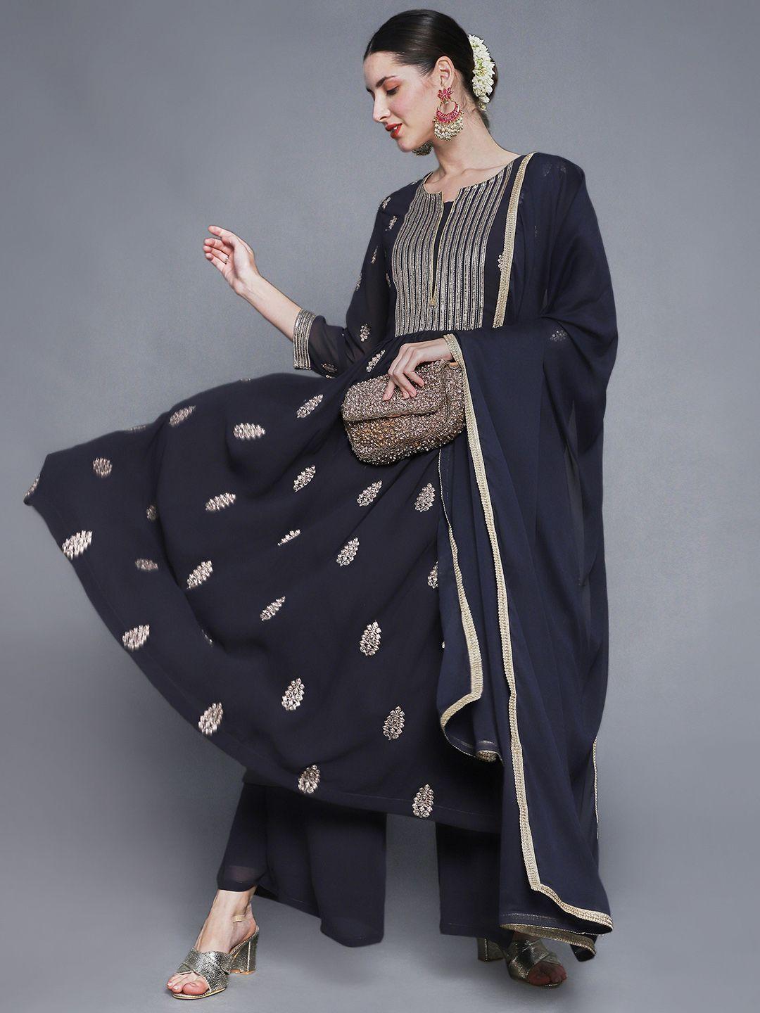 sunehri women navy blue floral embroidered kurta with palazzos & with dupatta