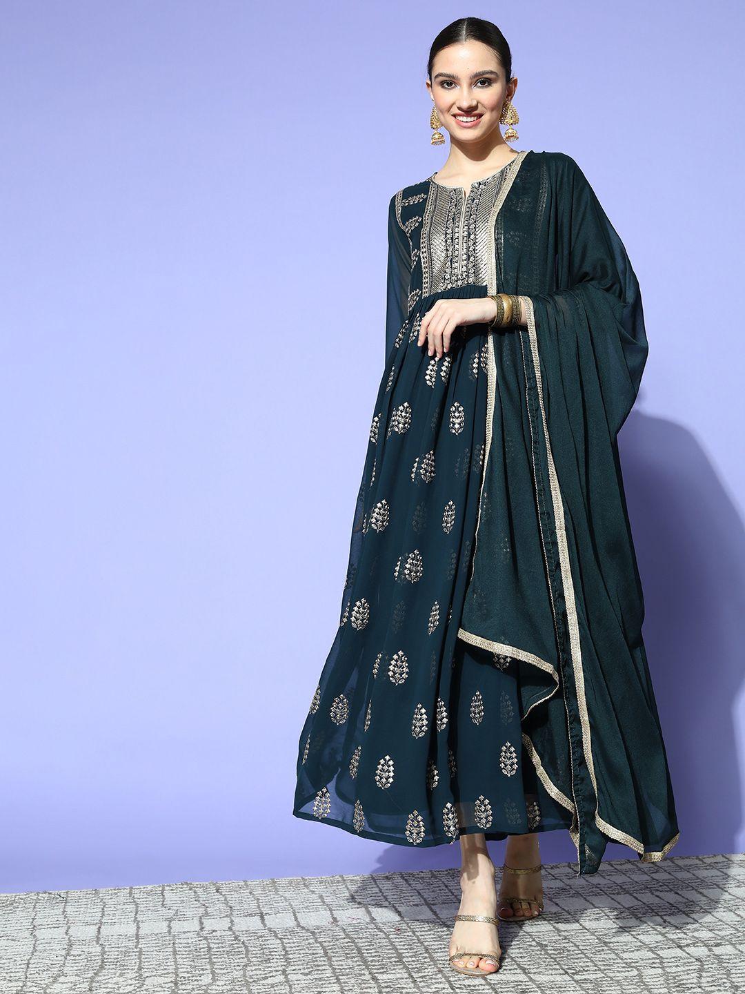 sunehri women navy blue georgette embroidered maxi dress