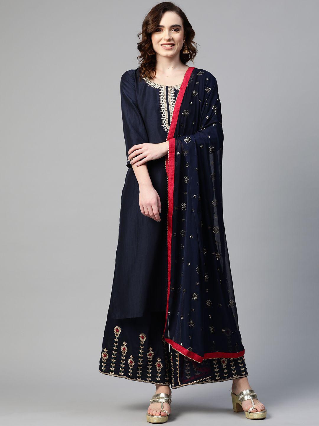 sunehri women navy blue yoke design kurta with palazzos & dupatta