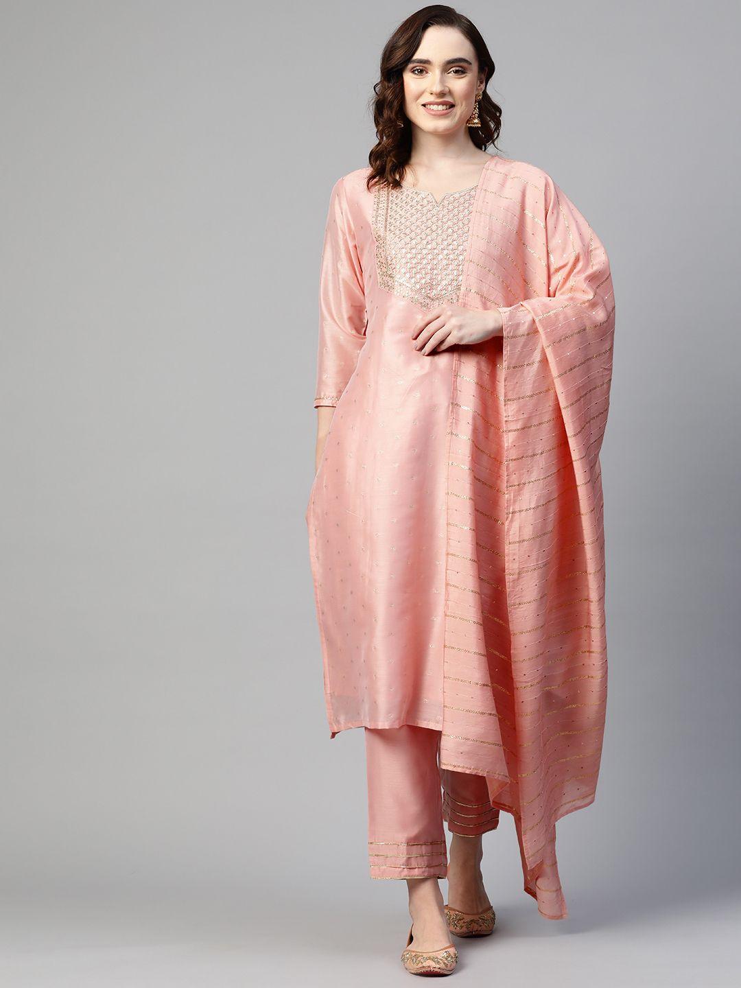 sunehri women peach-coloured embroidered sequinned kurta with trousers & dupatta