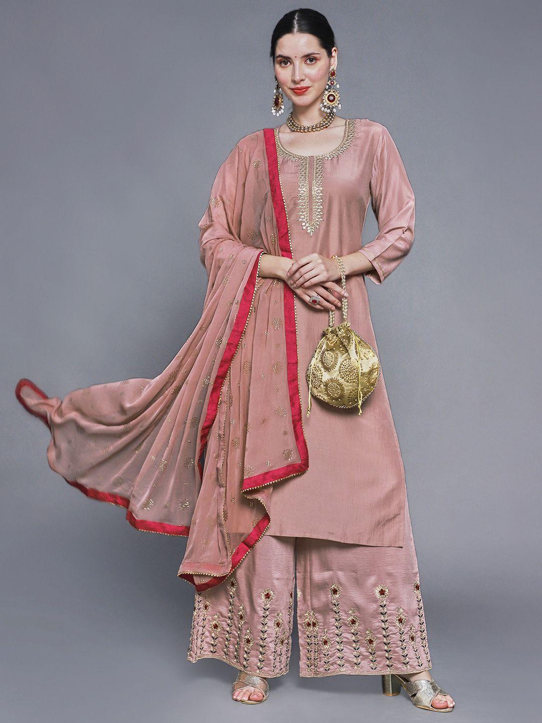 sunehri women peach-coloured floral thread work kurta with palazzo & dupatta