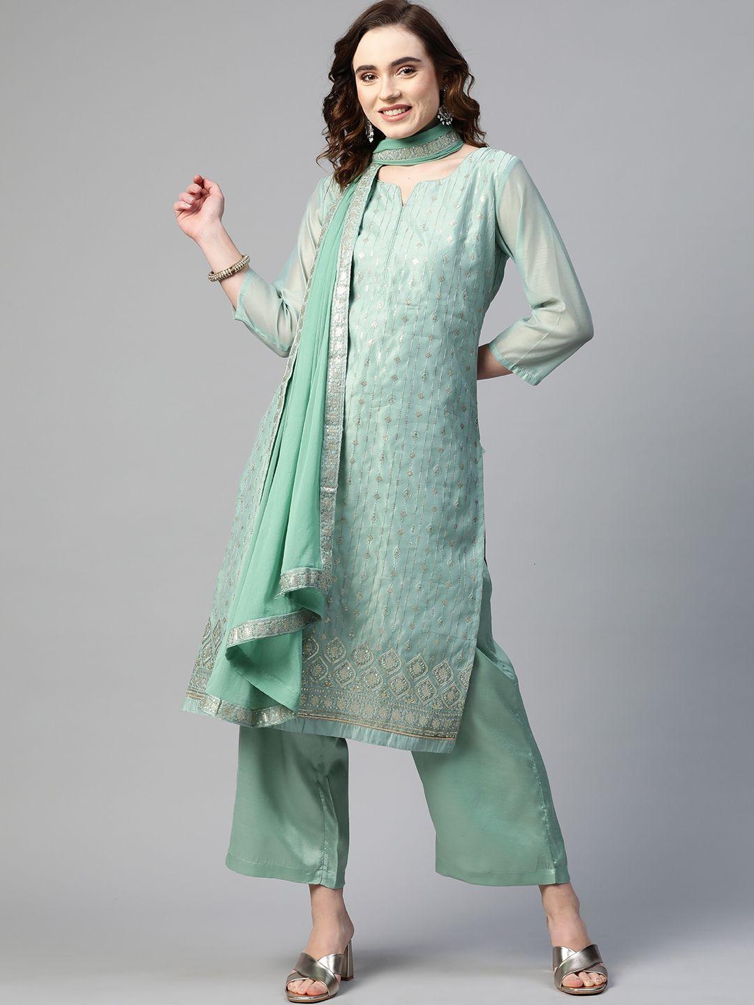 sunehri women sea green embroidered sequinned chanderi silk kurta with palazzos & dupatta
