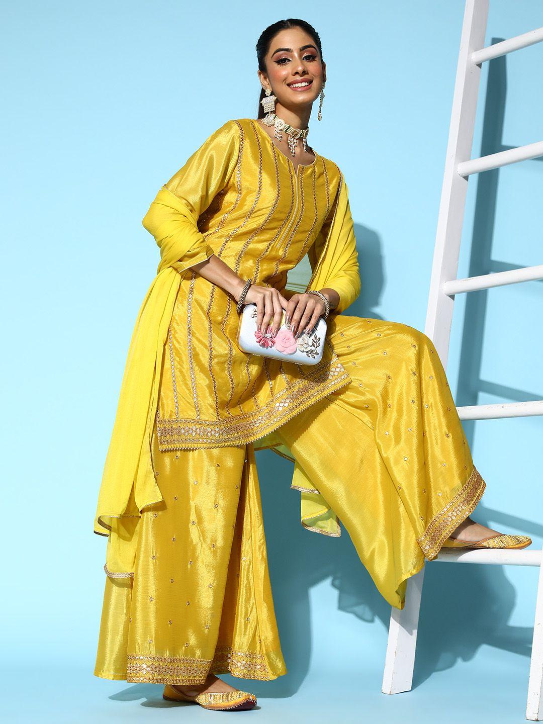 sunehri women striped silk blend shimmer & sequin kurta set