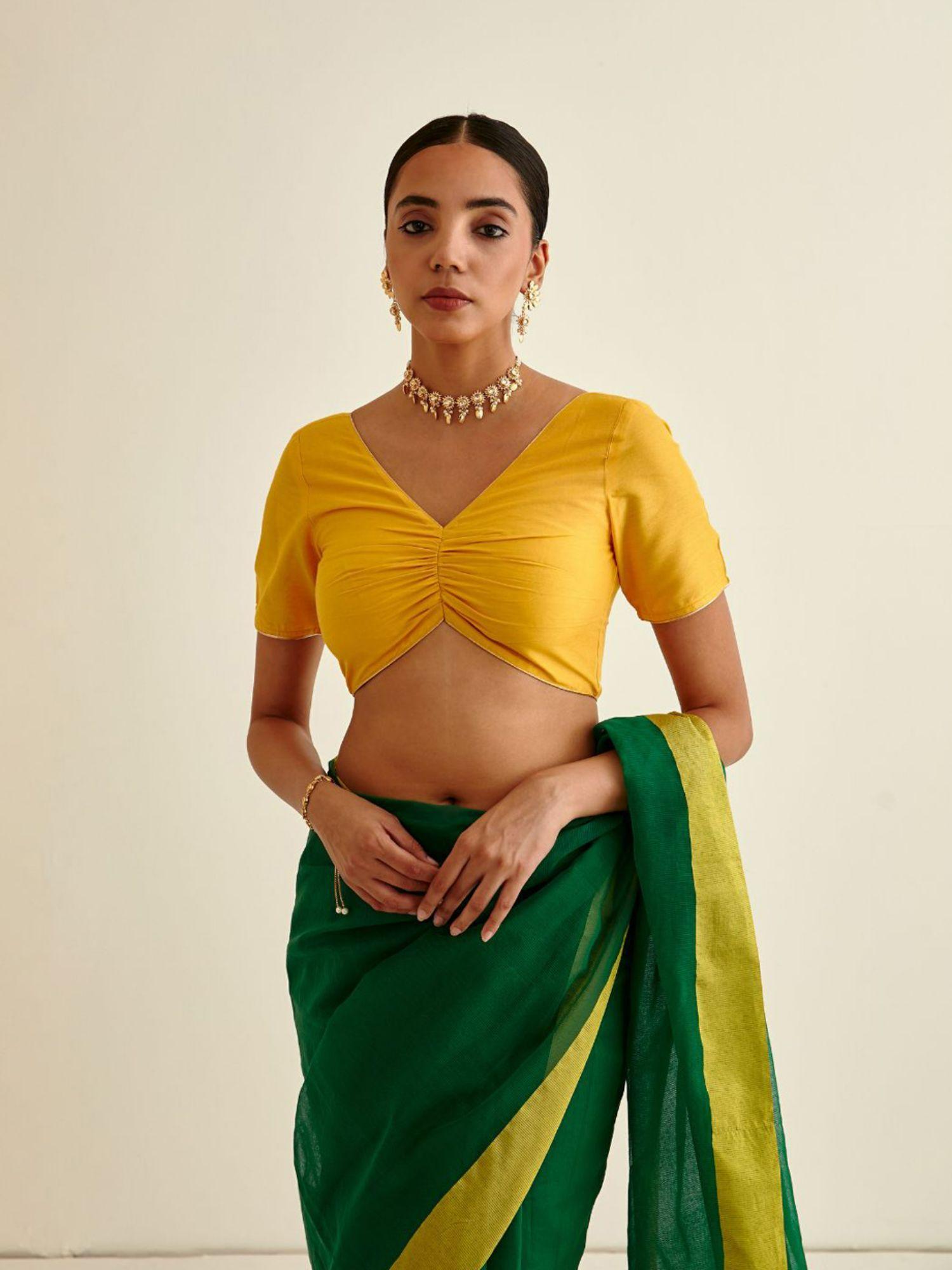 sunflower yellow banarasi blouse with gold piping