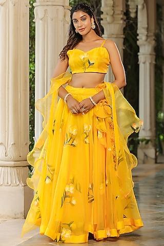 sunflower yellow organza floral hand printed lehenga set