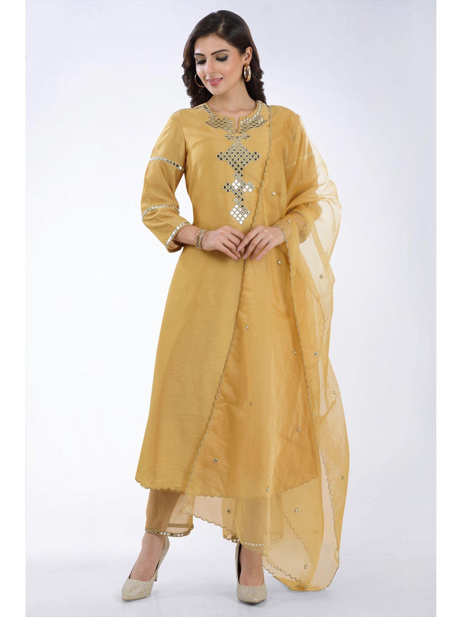 sunheri gold embroidered silk kurta with pants and organza dupatta (set of 3)