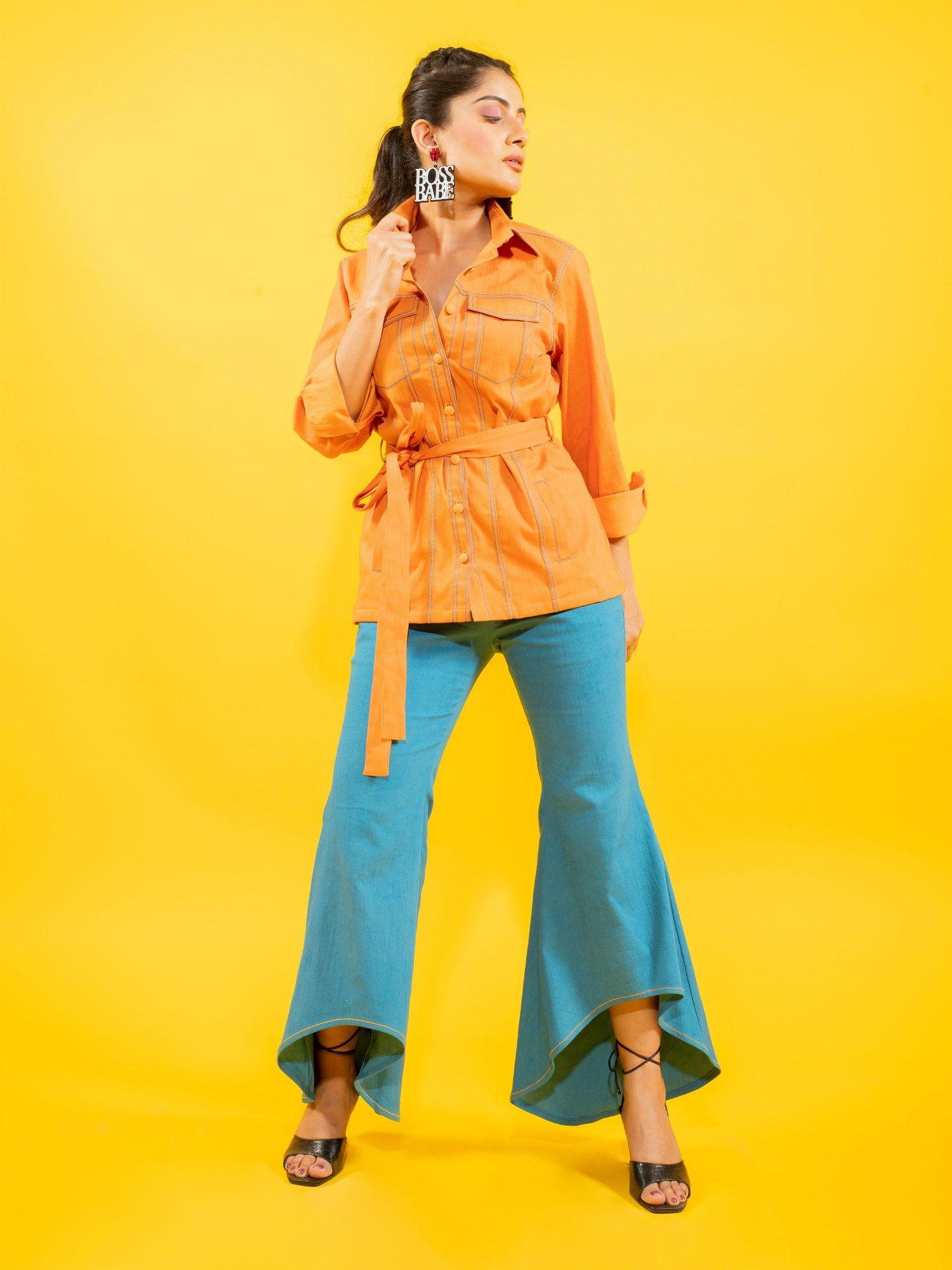 sunrise orange shirt with denim pant and belt (set of 3)