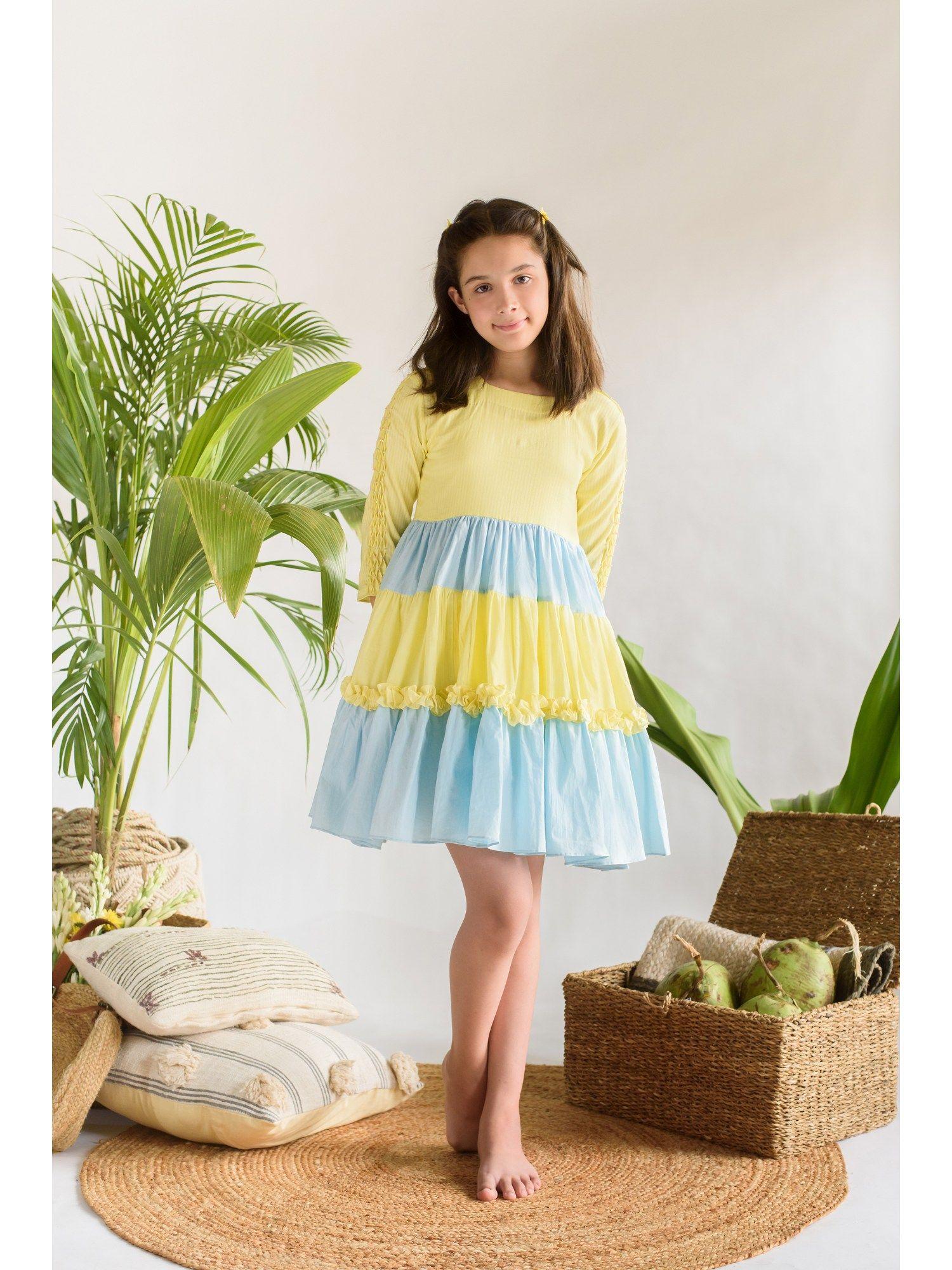 sunset at alleppey- blue & yellow organic tiered dress