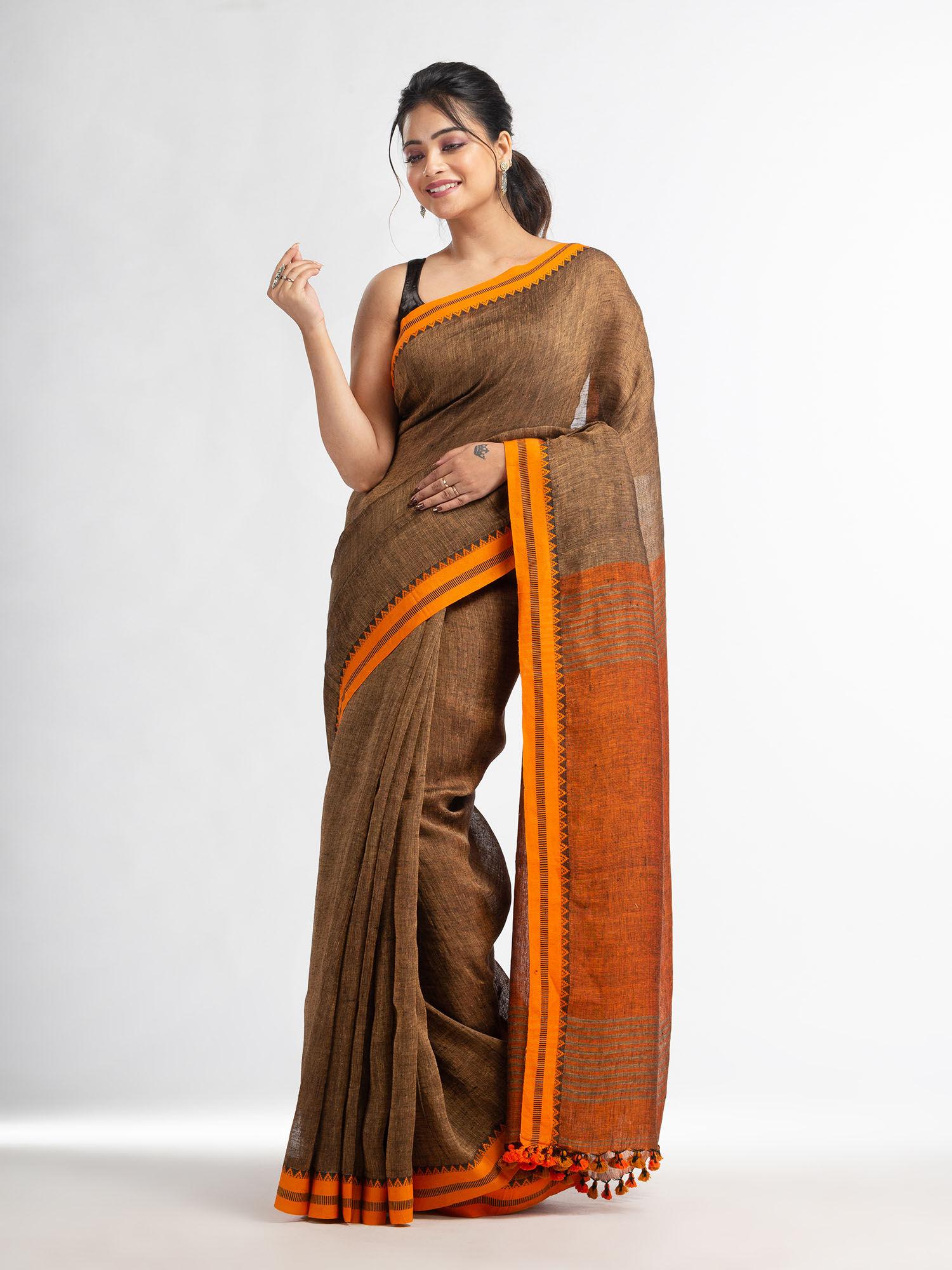 sunset brown stipe with rust pallu in jacquard border saree with unstitched blouse