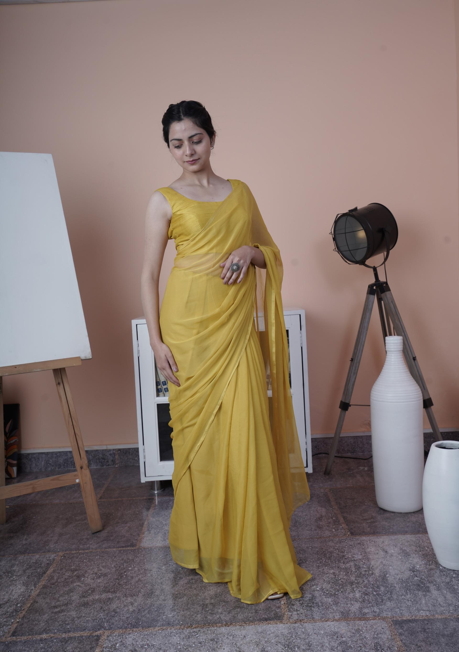 sunset drift  - plain chiffon saree paired with raw silk blouse