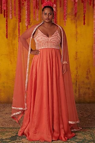 sunset orange embellished anarkali set