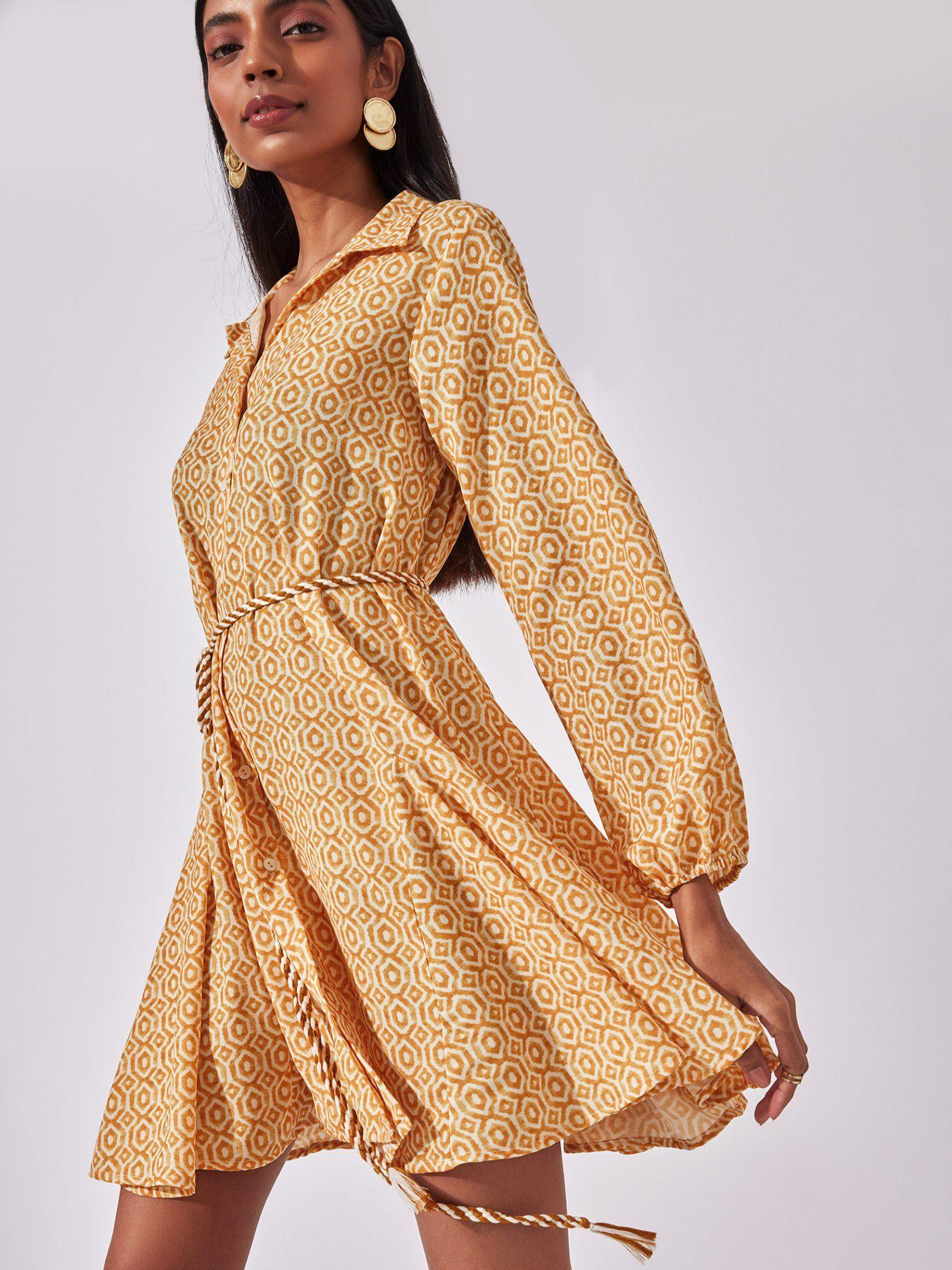 sunset yellow geo print self tie dress with belt (set of 2)