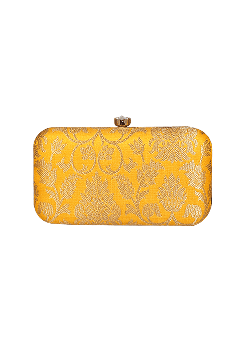sunshine yellow brocade box clutch with sling (8 x 2 x 4.5)