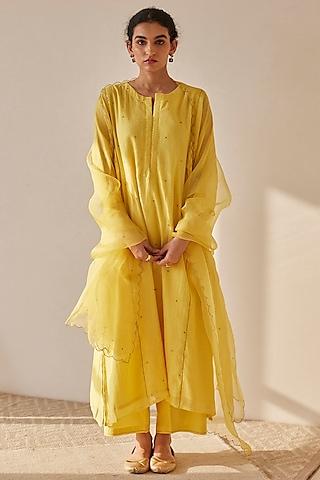 sunshine yellow handwoven chanderi dabka embroidered kurta set
