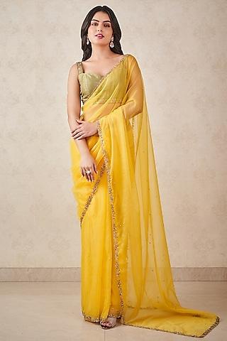 sunshine yellow organza hand embellished saree set