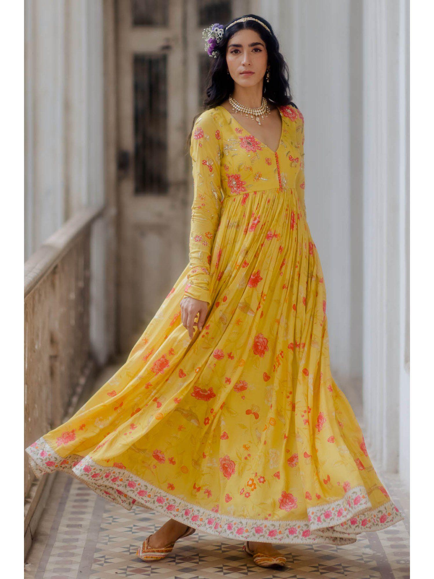 sunshine yellow chintz anarkali (set of 2)