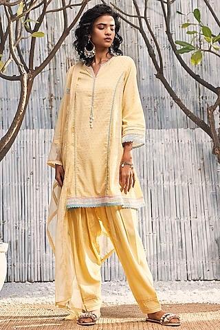 sunshine yellow dobby cotton embroidered short anarkali set