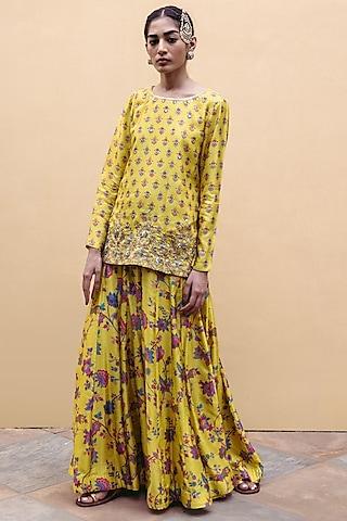 sunshine yellow dupion silk floral printed & hand embroidered kurta set