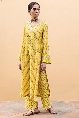 sunshine yellow dupion silk printed kurta set