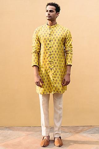 sunshine yellow dupion silk printed kurta set