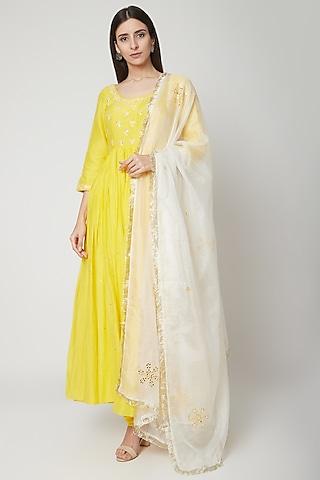 sunshine yellow embroidered & printed anarkali set