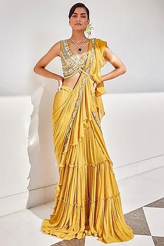 sunshine yellow embroidered saree set