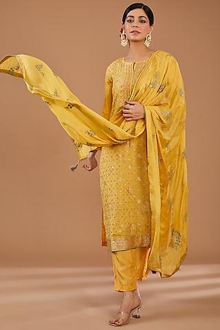 sunshine yellow organza jacquard thread embroidered kurta set